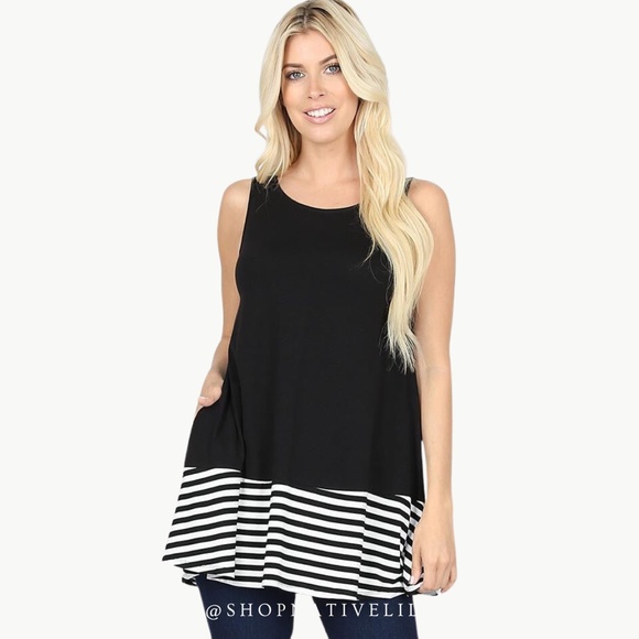 Zenana Outfitters Tops - NWT Zenana Striped & Solid Sleeveless Tunic Top with Side Pockets, Black